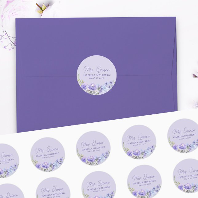 Mis Quince Purple Peri Floral Quinceanera Stickers (Purple floral Mis Quince stickers for envelope seals or ..)