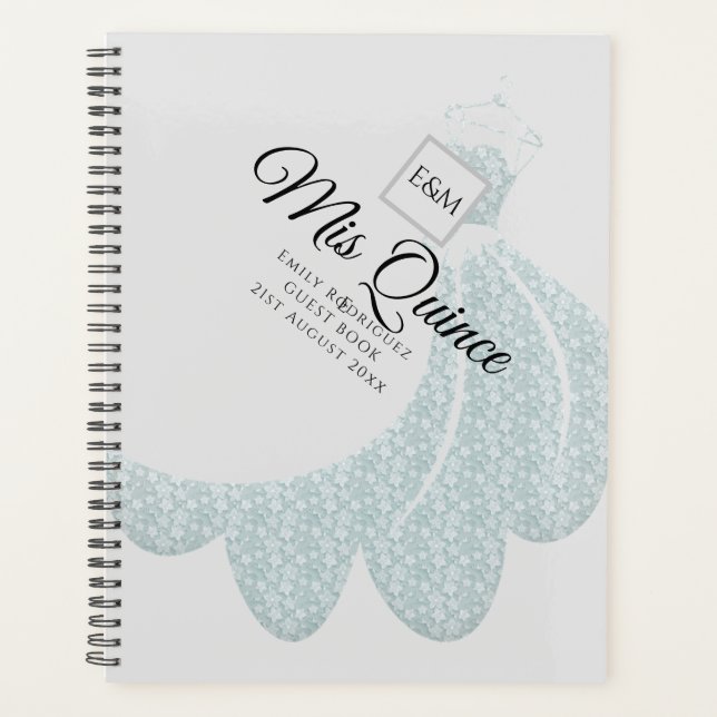 Mis Quince Quinceanera Dress GUEST BOOK Silver Planner (Front)