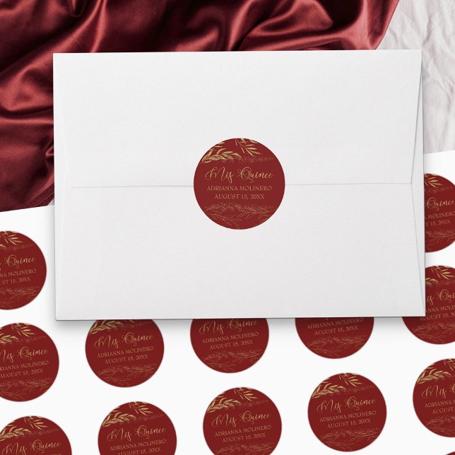 Mis Quince Red and Gold Leaf 15 Birthday Classic Round Sticker (Mis Quince stickers for stationery favors & party decor in red and gold from my Gold Leaf Collection)