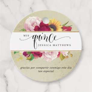 Mis Quince Red, Gold and Yellow Floral, Favor Tags