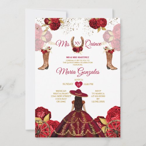 Mis Quince Red Roses 15 Anos Gold Crown Glitter Invitation