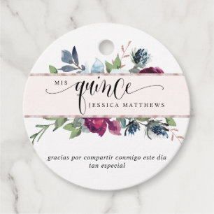 Mis Quince Rose Gold Berry, Burgundy, Blue Floral Favor Tags