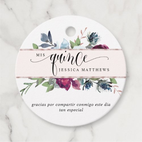 Mis Quince Rose Gold Berry Burgundy Blue Floral Favor Tags