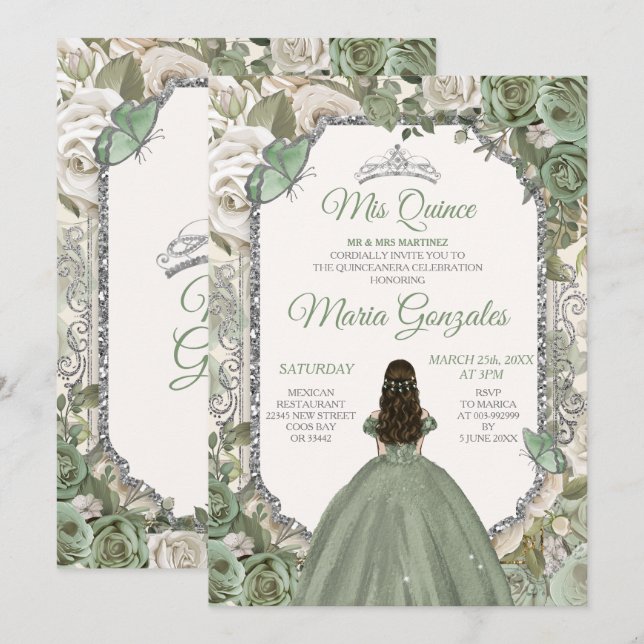 Mis Quince Sage Green & Silver Floral Quinceaera Invitation | Zazzle