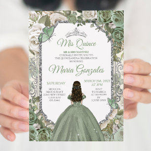 Mis Quince Sage Green & Silver Floral Quinceañera Invitation