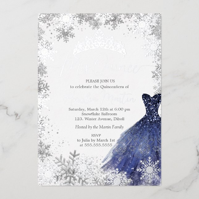Mis Quince Snowflake Navy Quinceanera Foil Invitation (Front)
