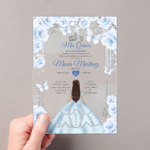 Mis Quince Soft Blue & Silver Floral Quinceañera Acrylic Invitations