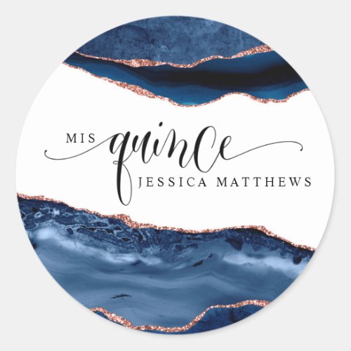 Mis Quince Spanish Blue and Rose Gold Agate Classic Round Sticker