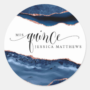 Mis Quince, Spanish, Blue and Rose Gold Agate Classic Round Sticker
