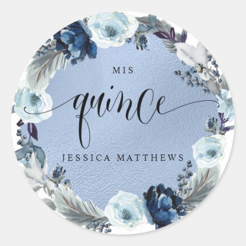 Mis Quince Spanish Blue Floral Wreath Classic Round Sticker