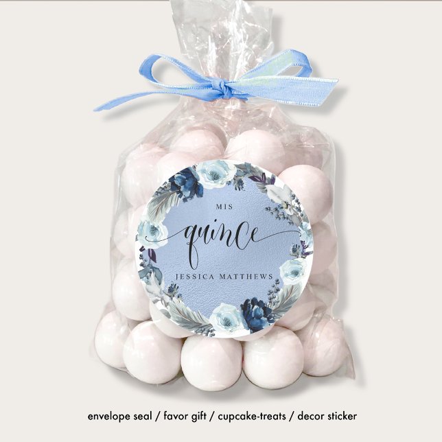 Mis Quince, Spanish, Blue Floral Wreath Classic Round Sticker (Creator Uploaded)