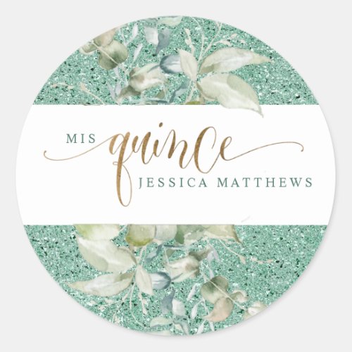 Mis Quince Spanish Green Glitter and Greenery Classic Round Sticker