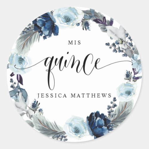 Mis Quince Spanish Wreath Blue Floral Classic Round Sticker