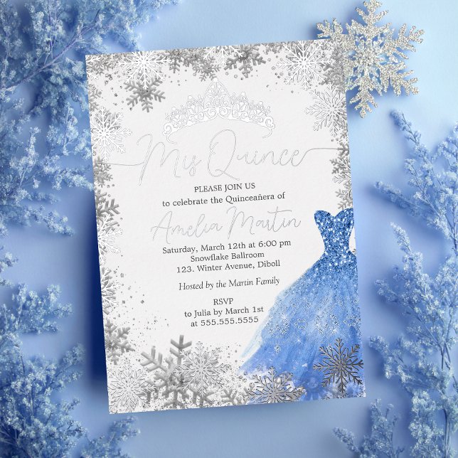 Mis Quince Winter Snowflake Blue Quinceanera Foil Invitation (Creator Uploaded)