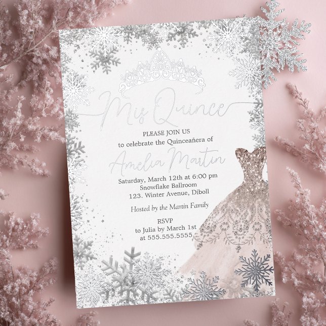 Mis Quince Winter Snowflake Blush Quinceanera Foil Invitation (Creator Uploaded)