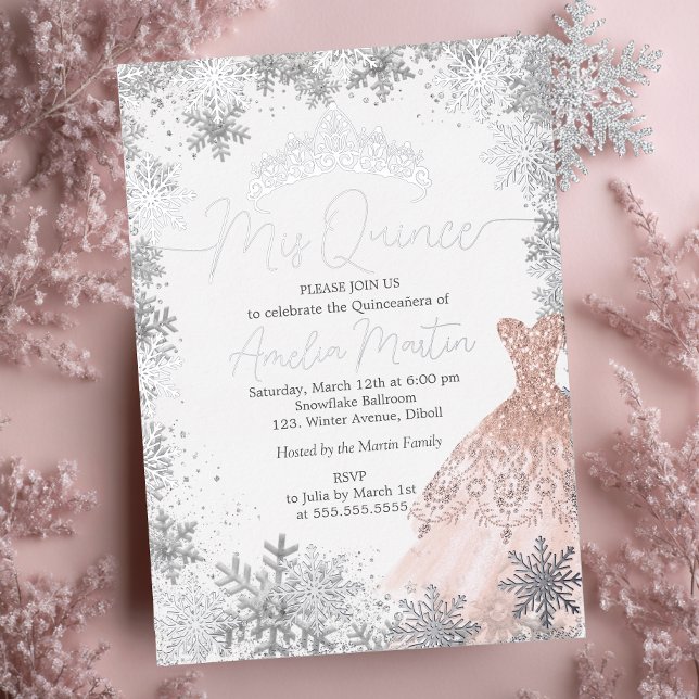 Mis Quince Winter Snowflake Blush Quinceanera Foil Invitation (Creator Uploaded)