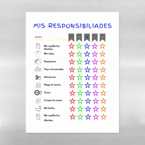 Mis Responsibilidades Spanish Chore Chart Magnetic Dry Erase Sheet