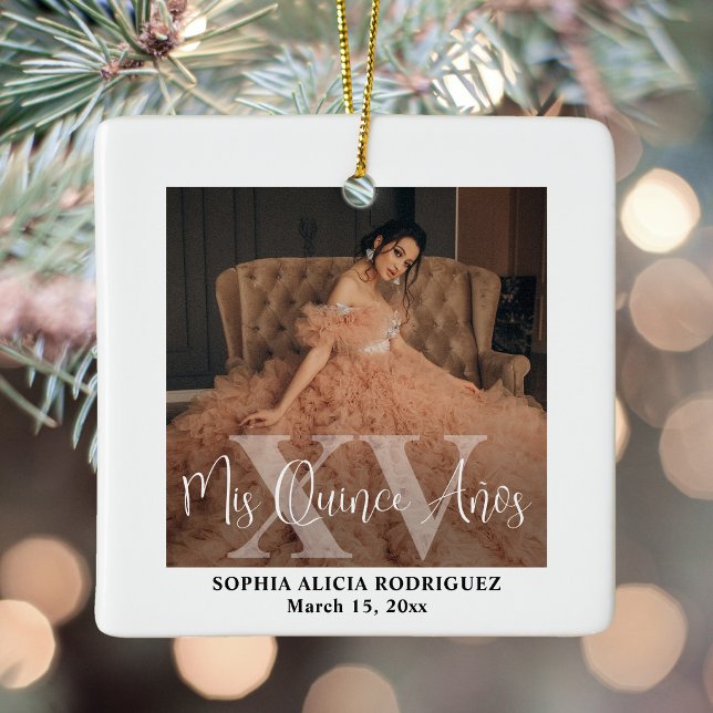 Mis XV Años 2 Photo Quinceañera Keepsake Modern Ceramic Ornament (Creator Uploaded)