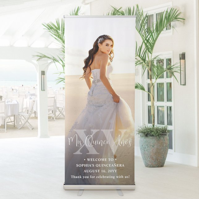 Mis XV Años Chic Simple Photo Overlay Quinceañera Retractable Banner (Creator Uploaded)