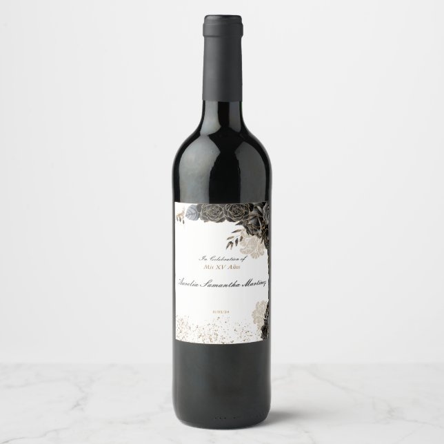 Mis XV Años Wine Label Black and Gold (Front)