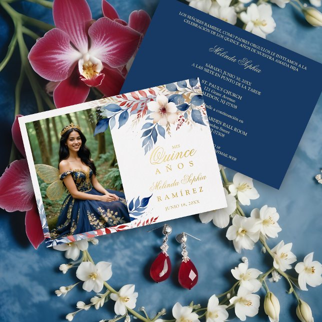 Mis XV Delicate Blue Red Shades Floral Botanical  Foil Invitation (Delicate Blue & Red Shades Floral Botanical Bouquets Photo Quinceañera Metallic Foil Invitation Card)