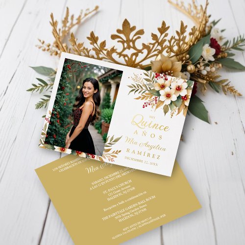 Mis XV Delicate Christmas Spanish Floral Photo Foil Invitation