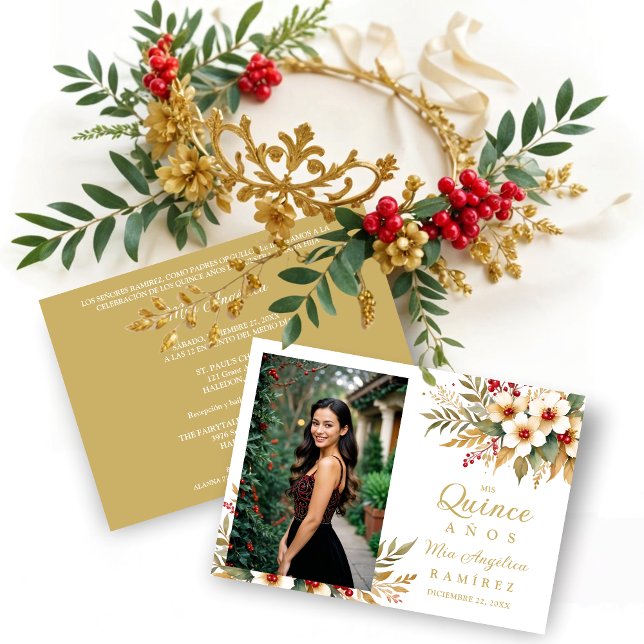 Mis XV Delicate Christmas Spanish Floral Photo  Invitation (Delicate ChristmasGold & Red Shades Floral Botanical Bouquets Photo Quinceañera Invitations Cards.)