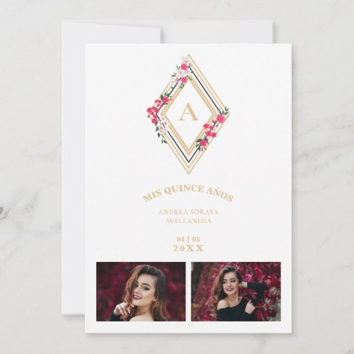 Mis XV Initial 2 Photos Gold effect Floral Diamond Invitation