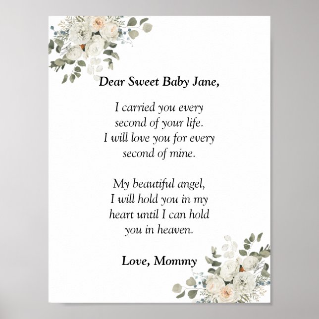 Miscarriage Condolence Letter to My Baby Angel Poster (Front)