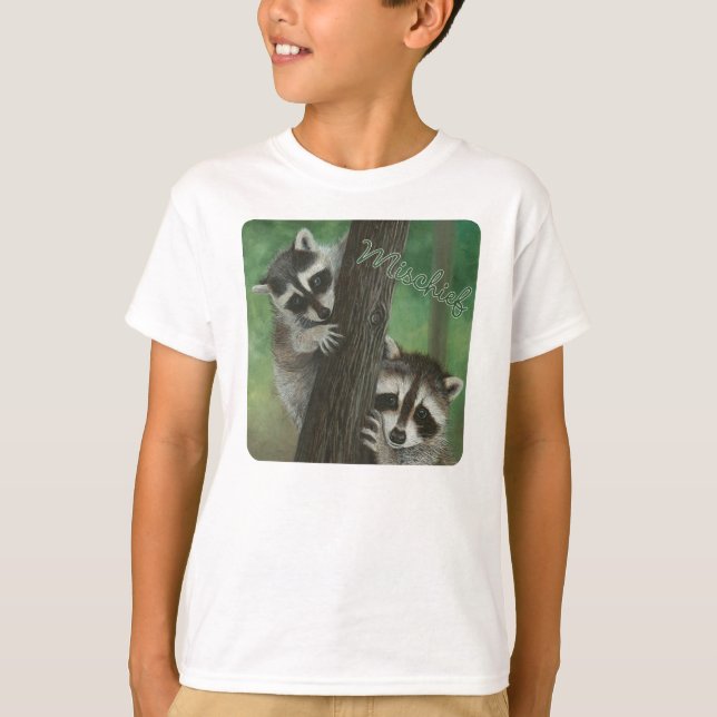 Mischief Raccoon up a Tree shirt (Front)