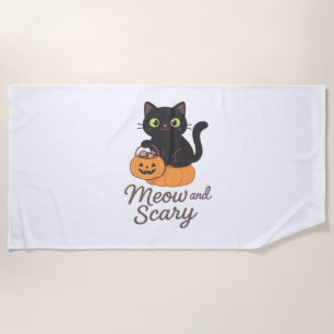 Mischievous Black Cat with Glowing Green Eyes on P Beach Towel