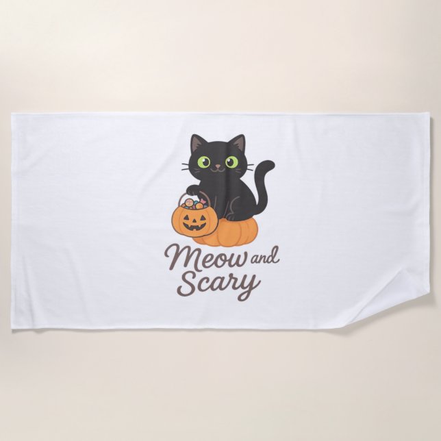 Mischievous Black Cat with Glowing Green Eyes on P Beach Towel (Front)