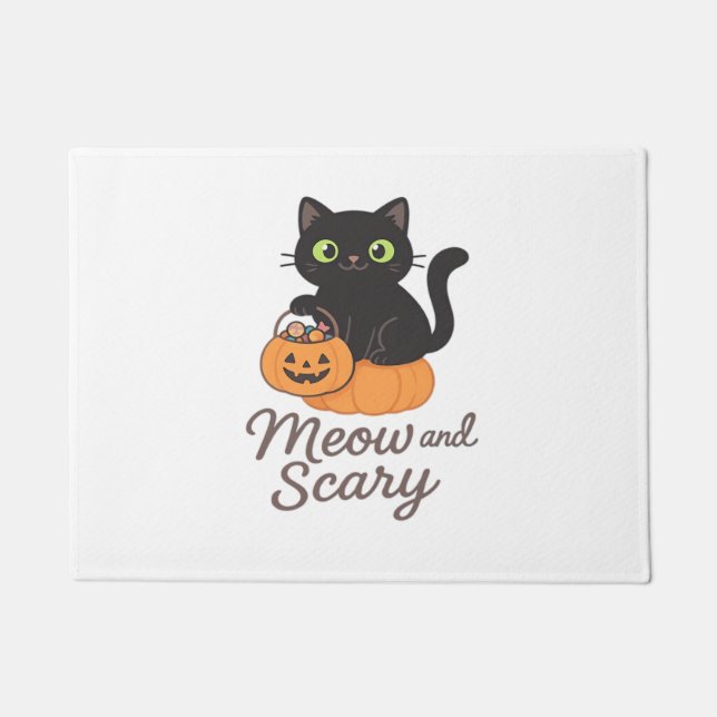 Mischievous Black Cat with Glowing Green Eyes on P Doormat (Front)