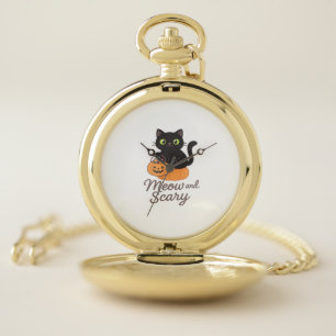Mischievous Black Cat with Glowing Green Eyes on P Pocket Watch