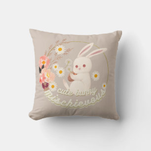 Mischievous Cute Bunny and Flower Ornament Throw Pillow