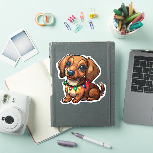 Mischievous Dachshund Wrapped in Christmas Lights Sticker