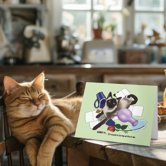 Mischievous Green Cheeky Siamese Cat Funny Card (Creator Uploaded)