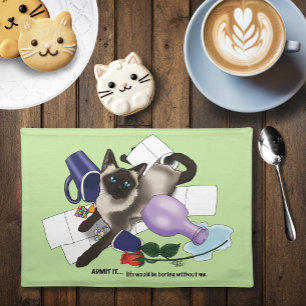 Mischievous Green Cheeky Siamese Cat Funny Cloth Placemat