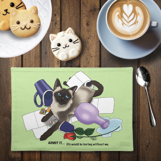 Mischievous Green Cheeky Siamese Cat Funny Cloth Placemat (Creator Uploaded)