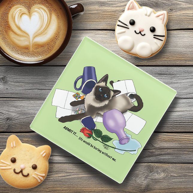 Mischievous Green Cheeky Siamese Cat Funny Glass Coaster (Creator Uploaded)