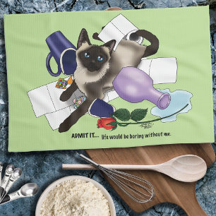 Mischievous Green Cheeky Siamese Cat Funny Kitchen Towel