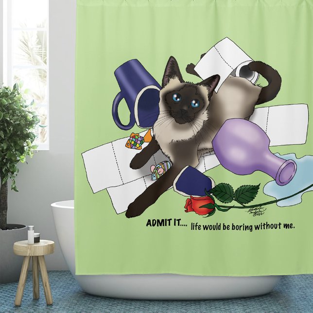 Mischievous Green Cheeky Siamese Cat Funny Shower Curtain (Creator Uploaded)