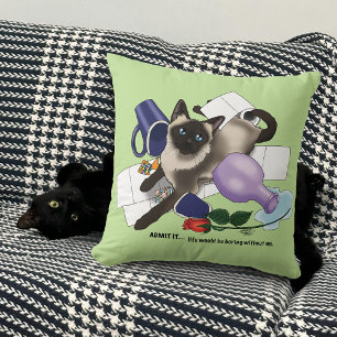 Mischievous Green Cheeky Siamese Cat Funny Throw Pillow