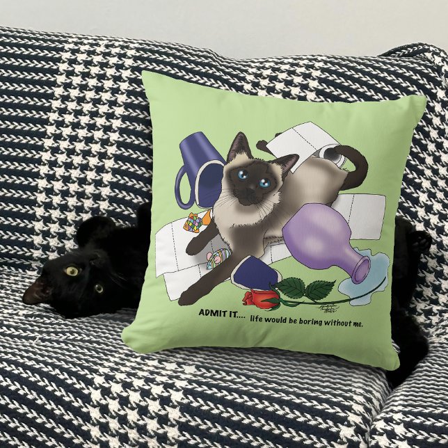 Mischievous Green Cheeky Siamese Cat Funny Throw Pillow (Creator Uploaded)