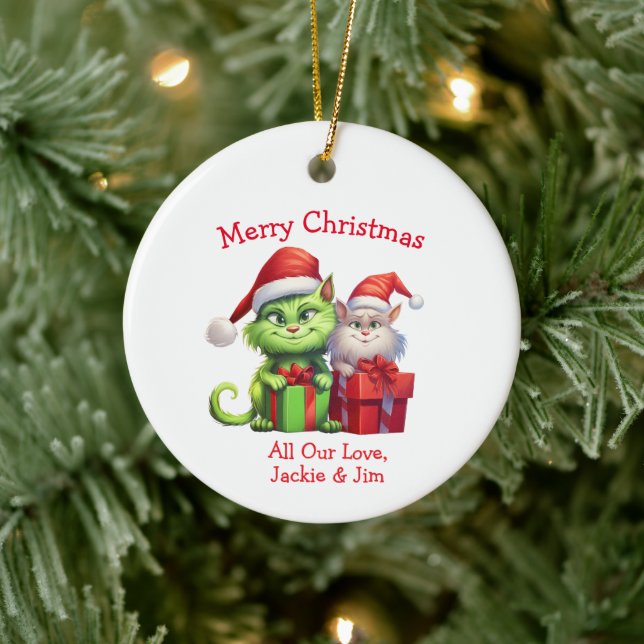Mischievous Green Christmas Cats Ceramic Ornament (Tree)