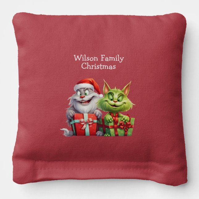 Mischievous Green Christmas Cats Cornhole Bags (Front 2)