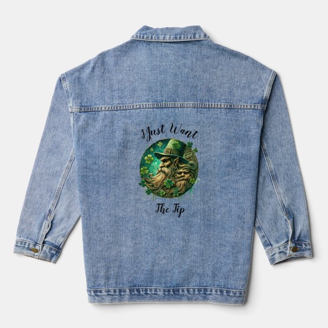 Mischievous Leprechaun Savoring A Pint Denim Jacket (Back)