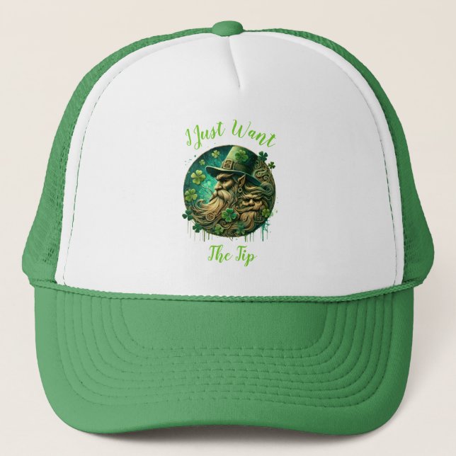 Mischievous Leprechaun Savoring A Pint Trucker Hat (Front)