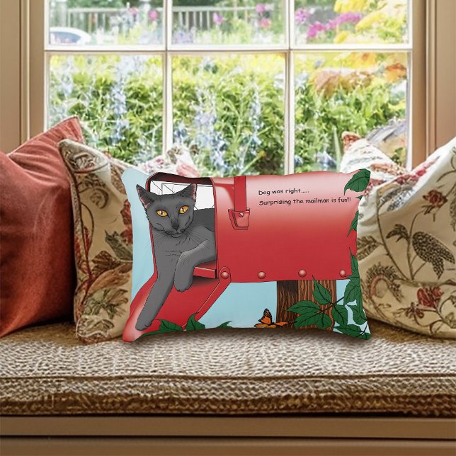 Mischievous Red Mailbox Cat Humor Accent Pillow (Creator Uploaded)