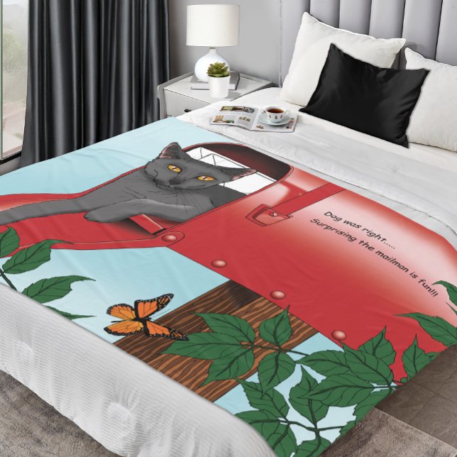 Mischievous Red Mailbox Cat Humor Fleece Blanket (Creator Uploaded)